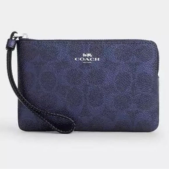 Coach Handbags - Coach Metallic Blue Pebbled Leather Zip Clutch Wristlet Wallet